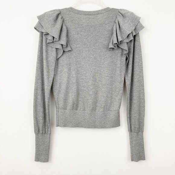Veronica Beard Centre Ruffle Crewneck Metallic-knit Sweater Size S Gray Sparkle - Picture 4 of 10